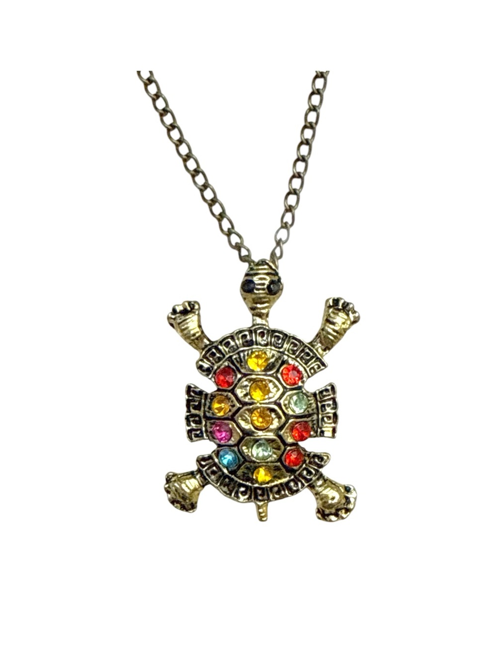 Multicolor Crystal Turtle Pendant Necklace - Gold Tone